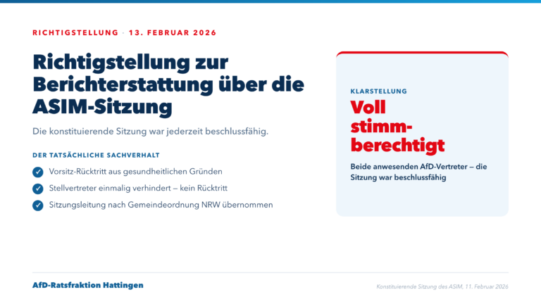 Infografik: Richtigstellung der AfD-Ratsfraktion zur Berichterstattung ueber die konstituierende ASIM-Sitzung. Beide AfD-Vertreter waren voll stimmberechtigt.