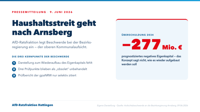 Hattinger Haushaltsstreit geht nach Arnsberg — AfD-Ratsfraktion ruft die Bezirksregierung an