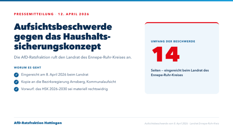 Infografik: AfD-Ratsfraktion Hattingen reicht eine 14-seitige Aufsichtsbeschwerde gegen das Haushaltssicherungskonzept beim Landrat des Ennepe-Ruhr-Kreises ein.