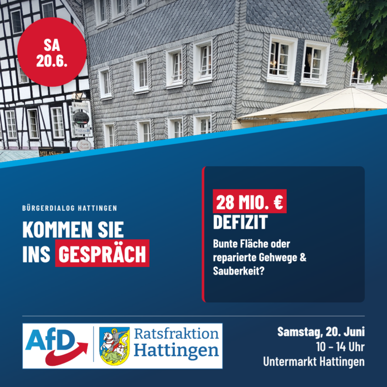 Bürgerdialog der AfD-Ratsfraktion Hattingen am 20. Juni 2026, Untermarkt — 28 Mio. Euro Defizit: bunte Fläche oder reparierte Gehwege und Sauberkeit?