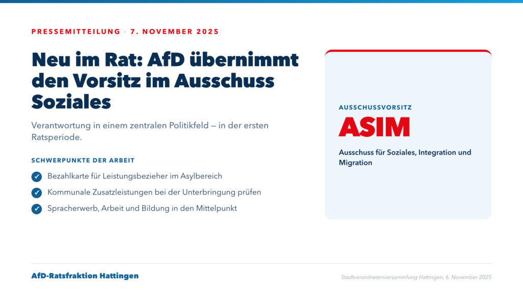 Infografik: Die AfD-Ratsfraktion uebernimmt den Vorsitz im Ausschuss fuer Soziales, Integration und Migration (ASIM).