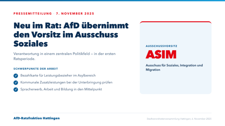 Infografik: Die AfD-Ratsfraktion uebernimmt den Vorsitz im Ausschuss fuer Soziales, Integration und Migration (ASIM).