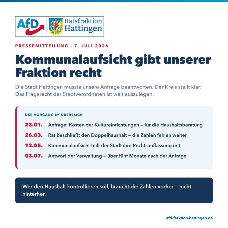 Kommunalaufsicht gibt AfD-Ratsfraktion recht: Stadt Hattingen musste Anfrage beantworten