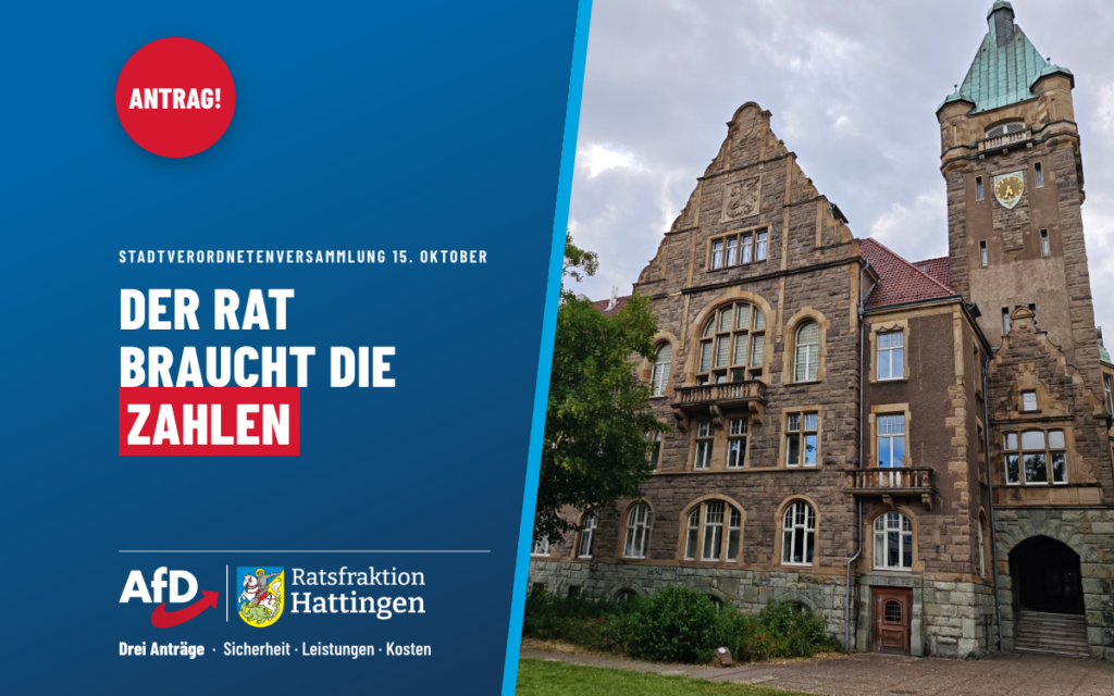 Das Hattinger Rathaus mit Uhrturm, daneben der Schriftzug: Der Rat braucht die Zahlen. Drei Anträge zur Stadtverordnetenversammlung am 15. Oktober